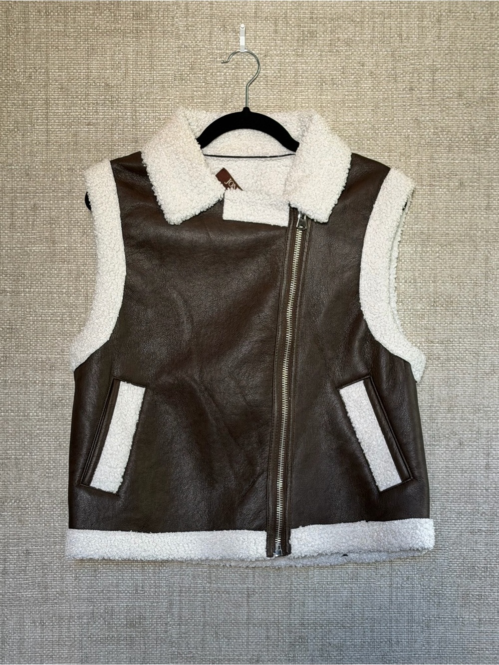 Woman’s Faux Shearling Aviator Vest - Brown/White